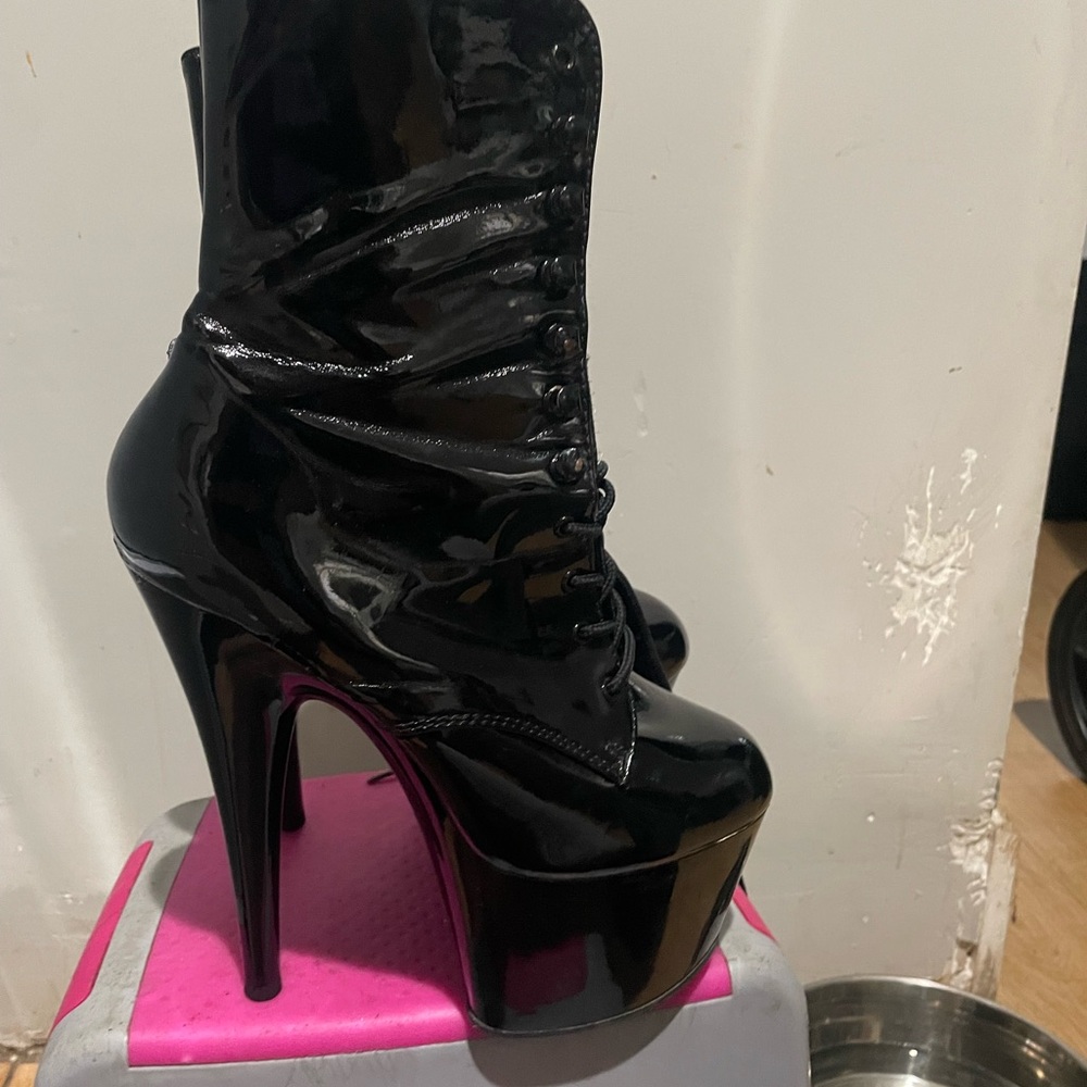 Pleaser Black Patent Platform Lace-Up Stiletto Boots